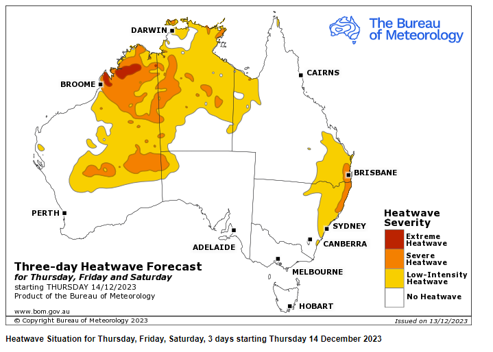 Heatwave forcast map produced by Bureau of Meteorology for 14 December 2023